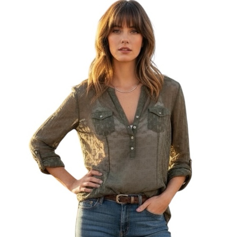 Ariat Small Long Sleeve Army Green Western Sheer Blouse Aztec Southwestern